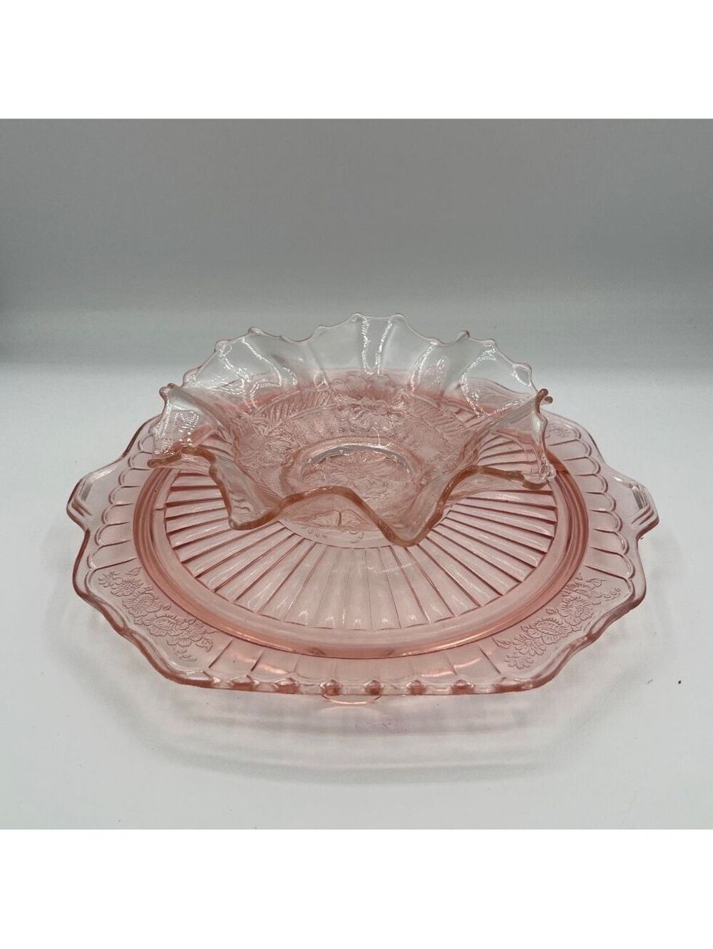 Vintage Anchor Hocking Pink Depression Glass Serving Plate with Ruffled Bowl